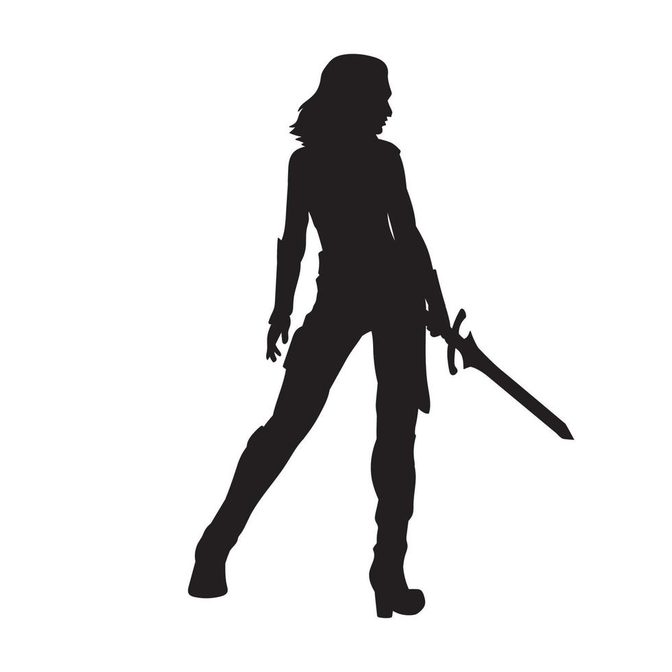 Young female warrior holds sword in her hands vector silhouette
