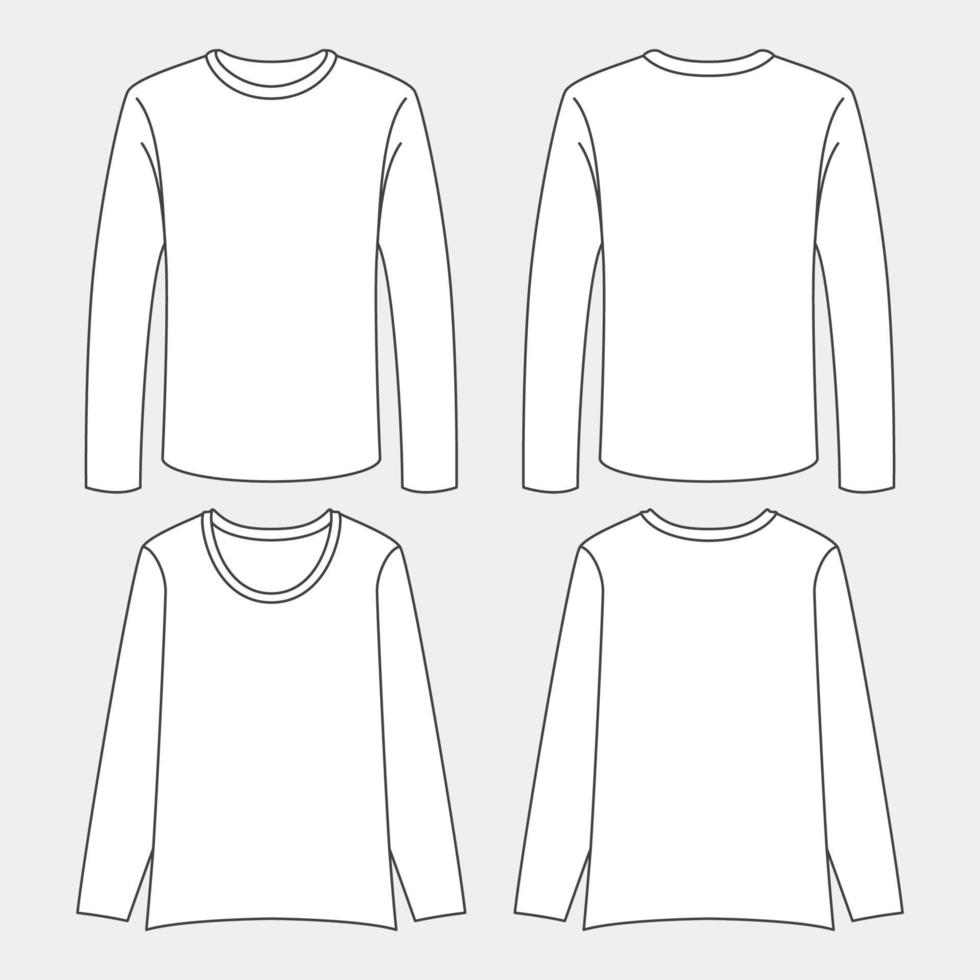 Front and Back View of Outline Long Sleeve T-Shirt Mockup Template vector