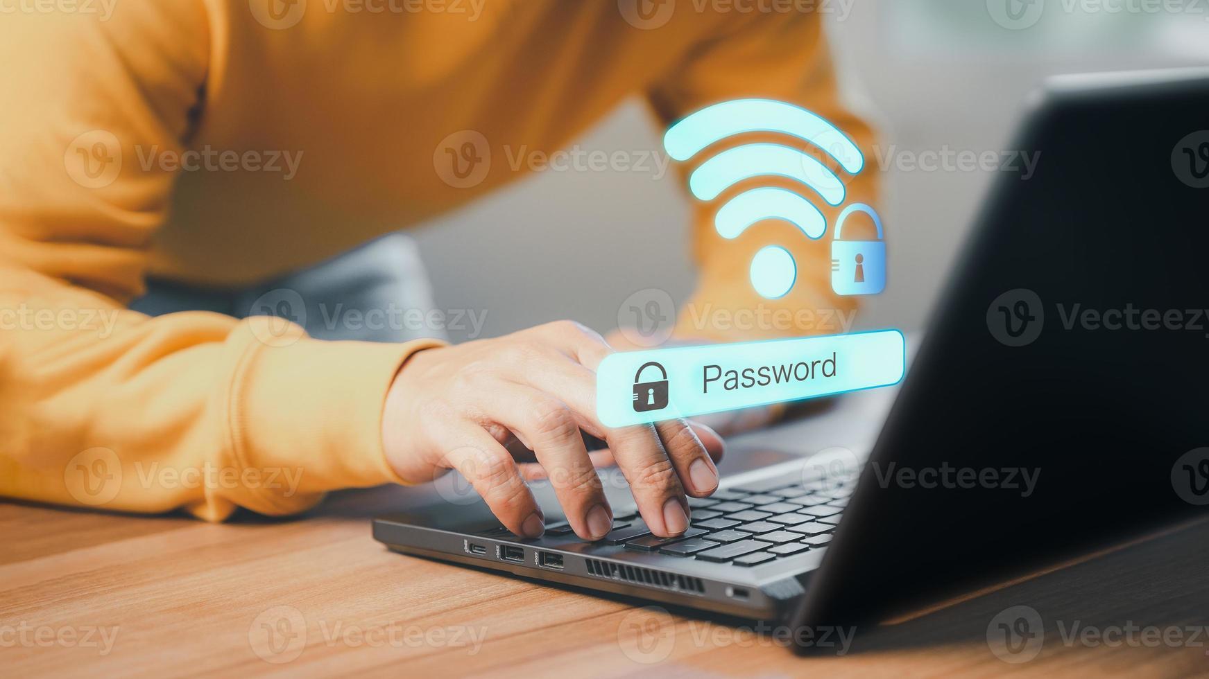 Man using a computer laptop to connect to wifi and waiting to loading digital business data form website, concept technology of waiting for connect to wifi. photo