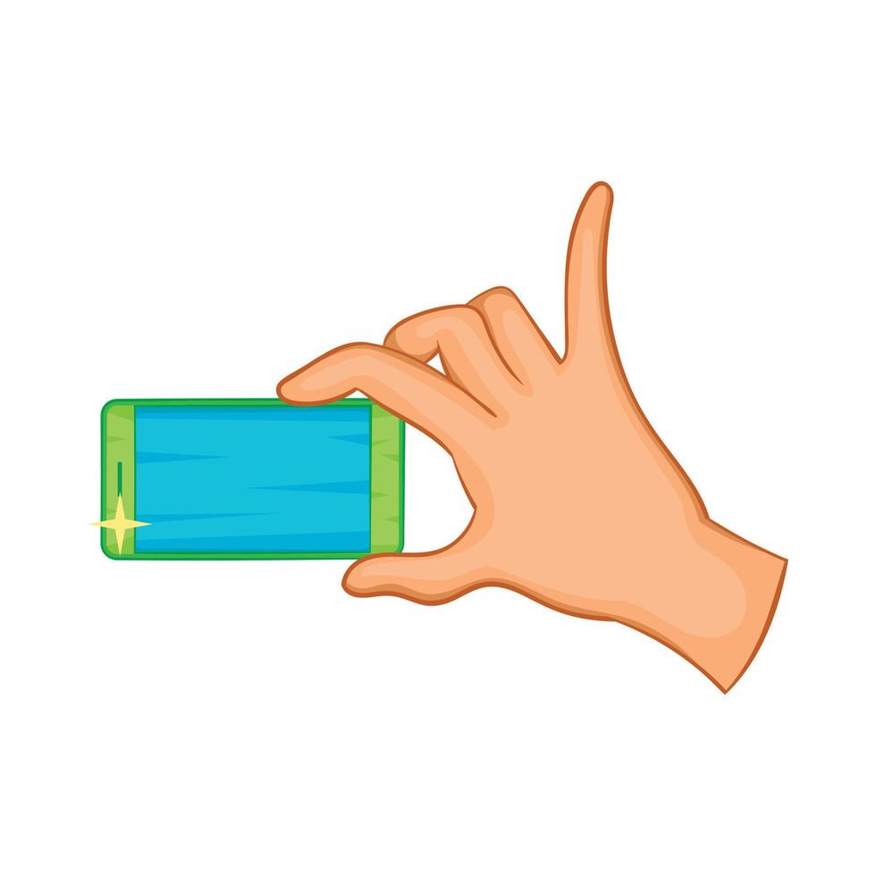 Hand holding mobile phone icon, cartoon style vector