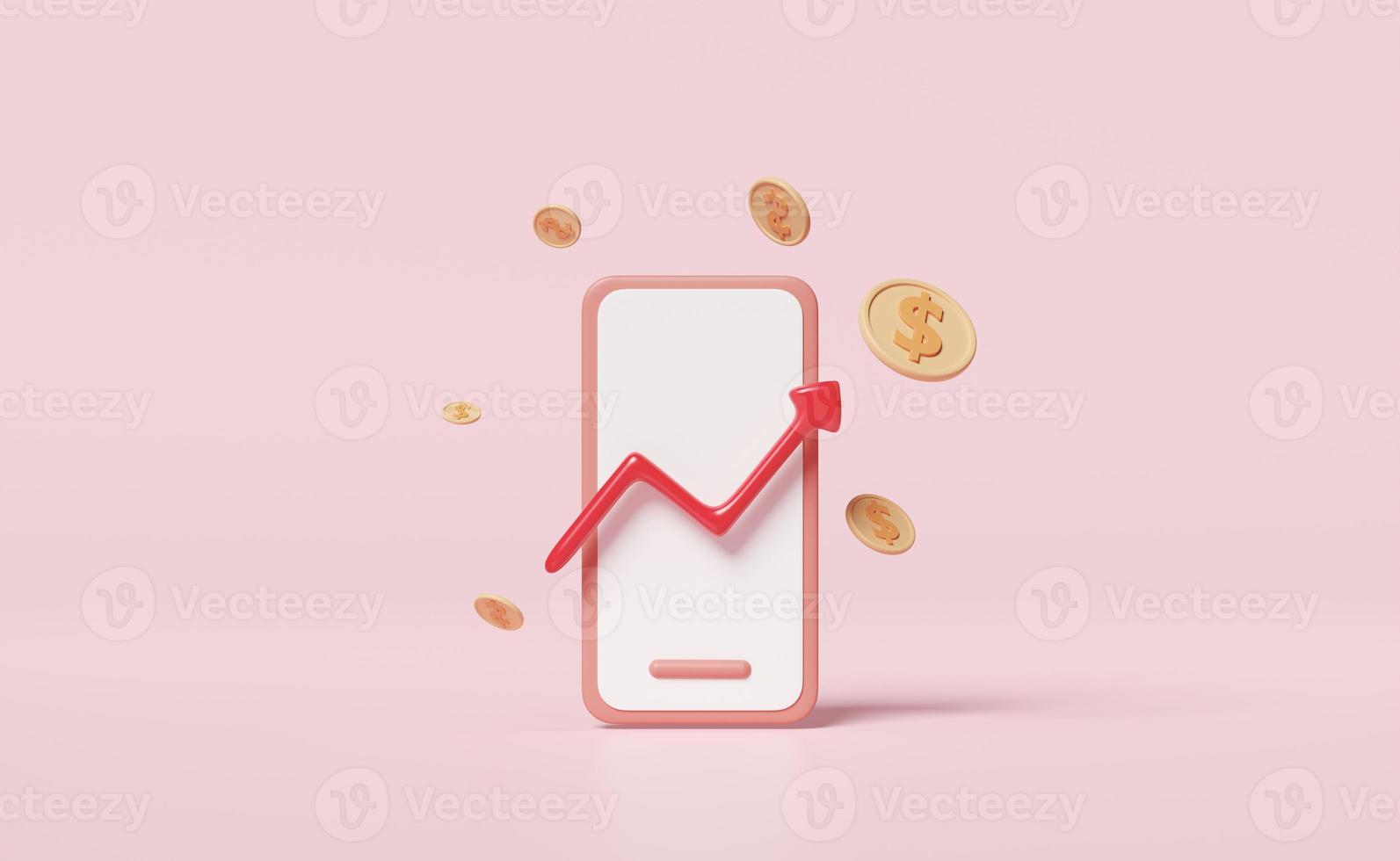 3d mobile phone, smartphone icons with arrow graph, dollar money coins isolated on pink background. online shopping, saving money, business growth, 3d render illustration photo