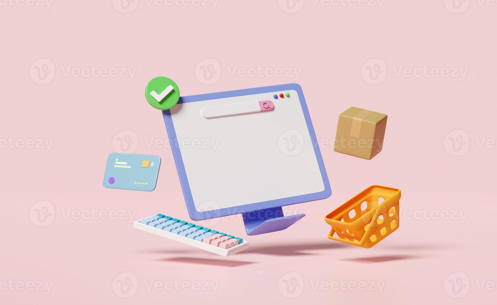 3d computer monitor with shopping cart, goods cardboard box, basket, credit card, check marks isolated on pink background. Online delivery, online shopping, template concept, 3d render illustration photo