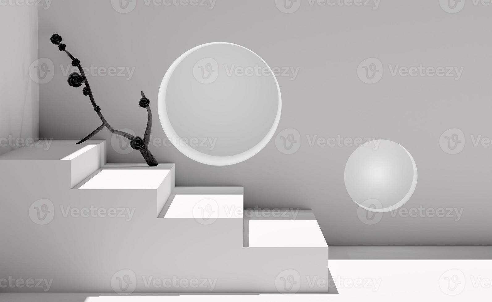3d gray stair with wall hole scene, window, flower, shadow, abstract geometric cosmetic showcase pedestal grey background. minimal modern scene, 3d render illustration photo