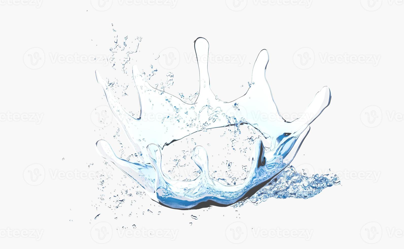 3d water splash transparent, clear blue water scattered around isolated on white background. 3d render illustration photo