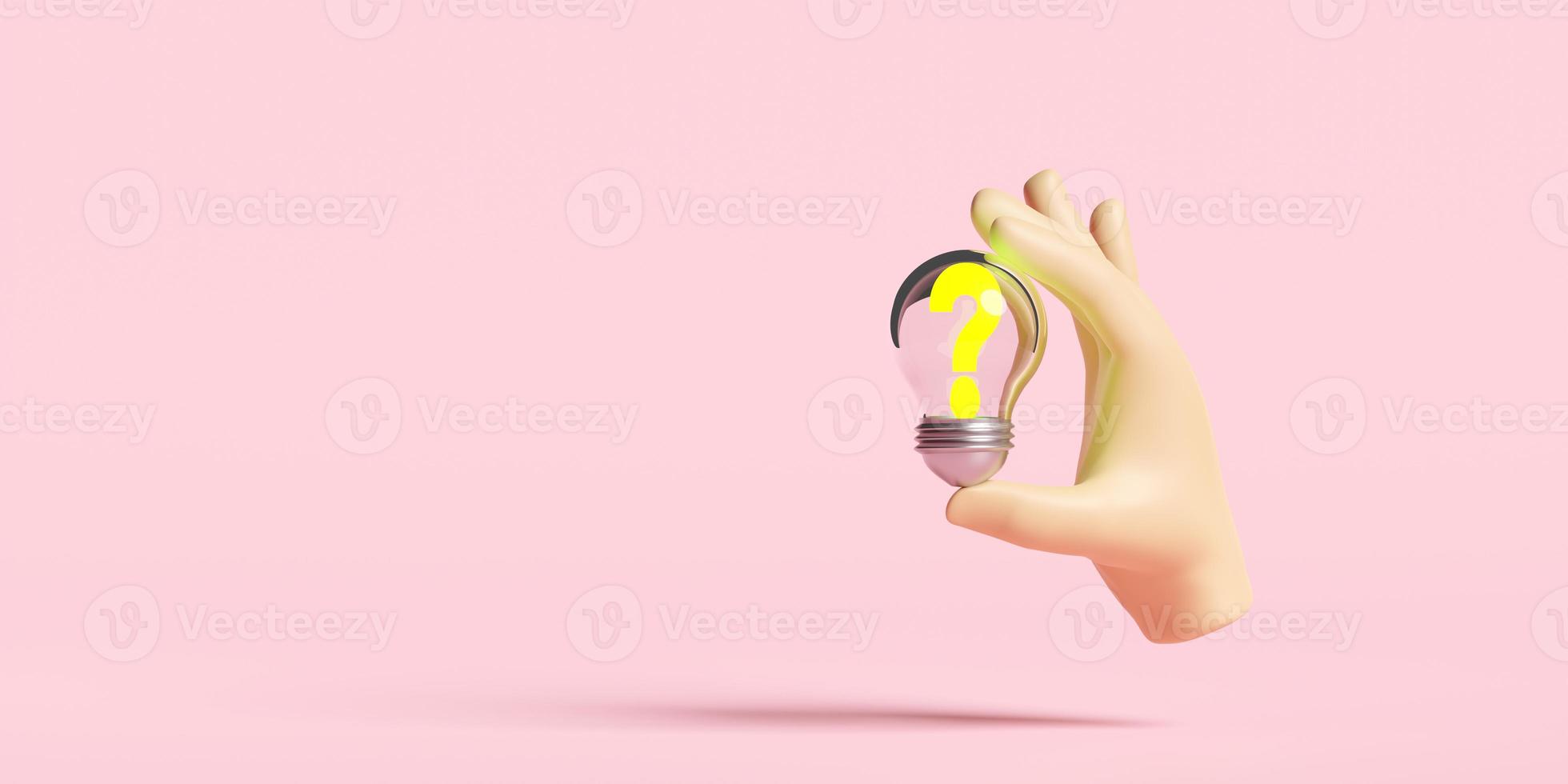 3D Hand holds light bulb transparent with question mark symbol icon isolated on pink background. FAQ, business idea tip concept, minimal abstract, 3d render illustration photo