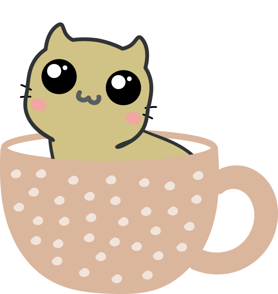 Cat on teacup cartoon character crop-out png