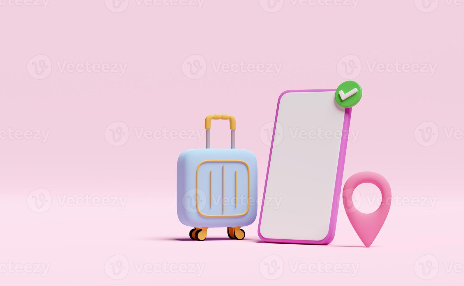 3d suitcase with mobile phone, smartphone, pin, check marks icon isolated on pink background. summer travel, online hotel booking service concept, 3d render illustration photo