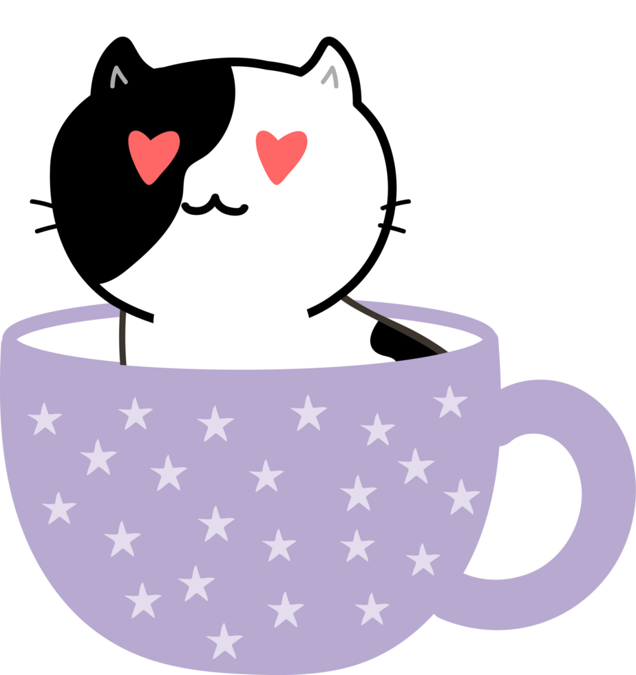 Cat on teacup cartoon character crop-out png