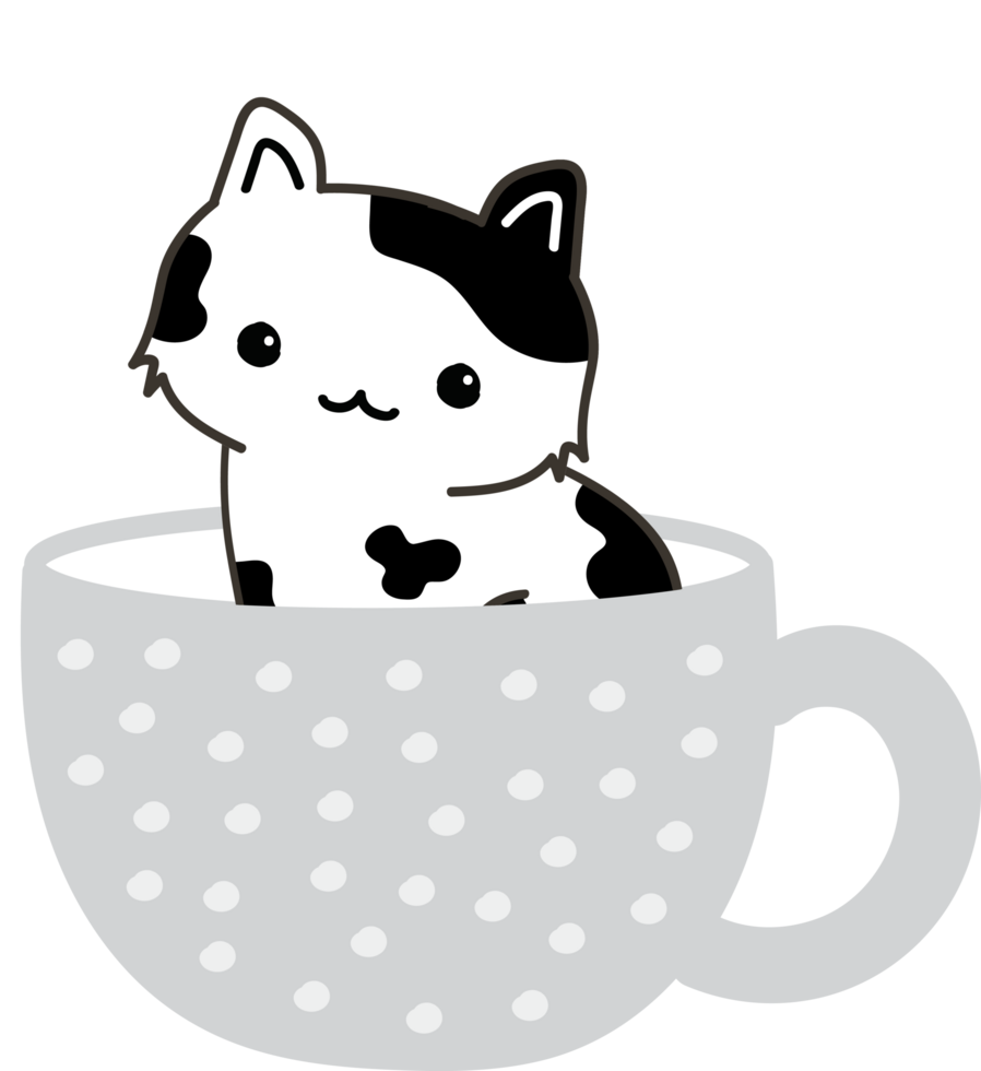 Cat on teacup cartoon character crop-out png