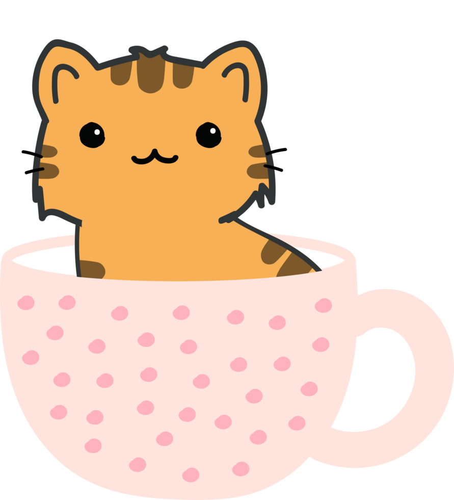 Cat on teacup cartoon character crop-out png