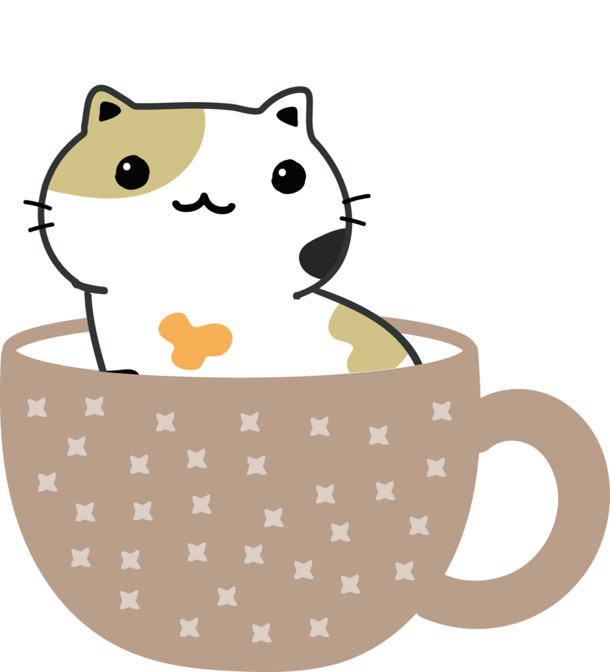 Cat on teacup cartoon character crop-out png