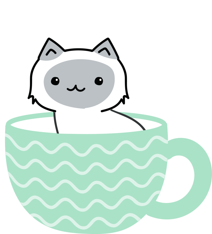 Cat on teacup cartoon character crop-out png
