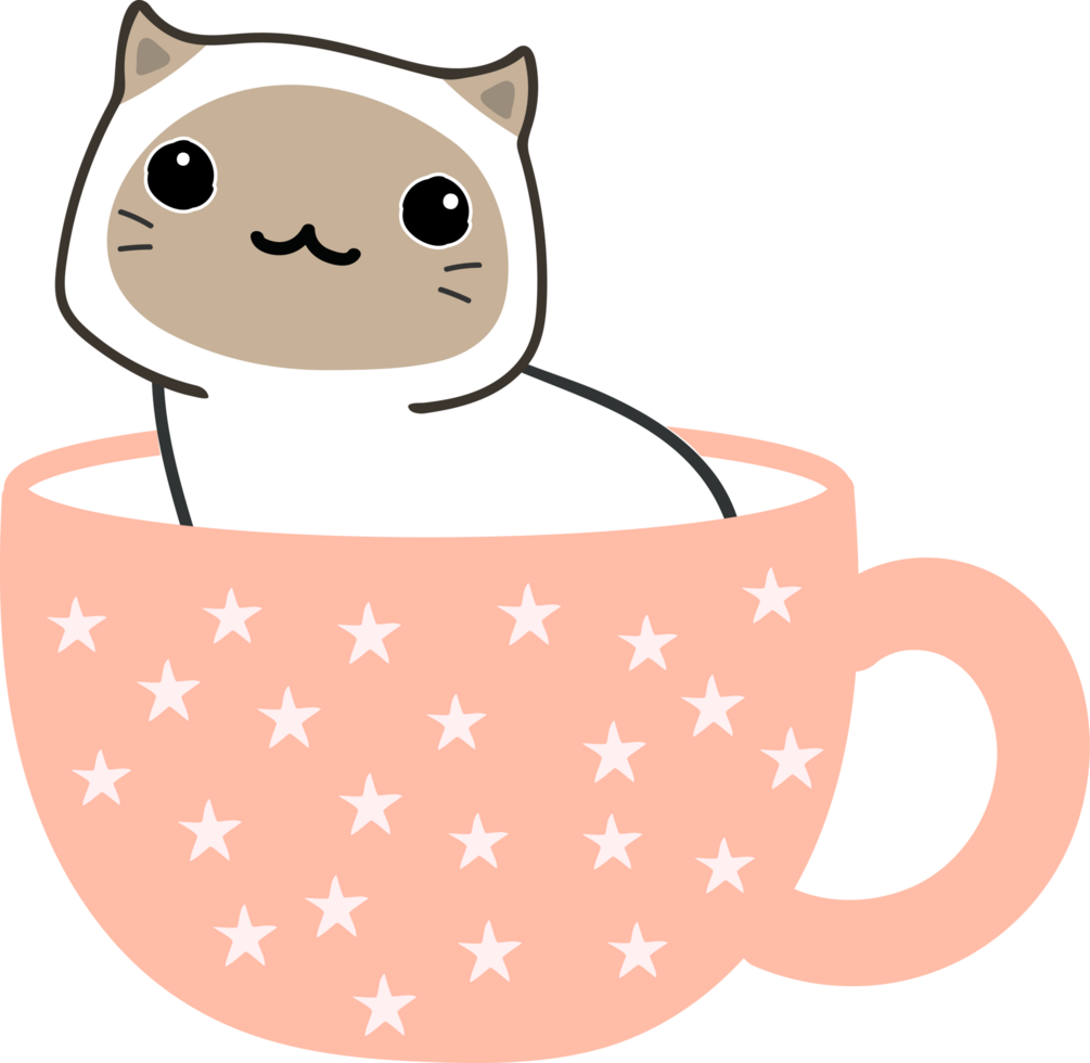 Cat on teacup cartoon character crop-out png