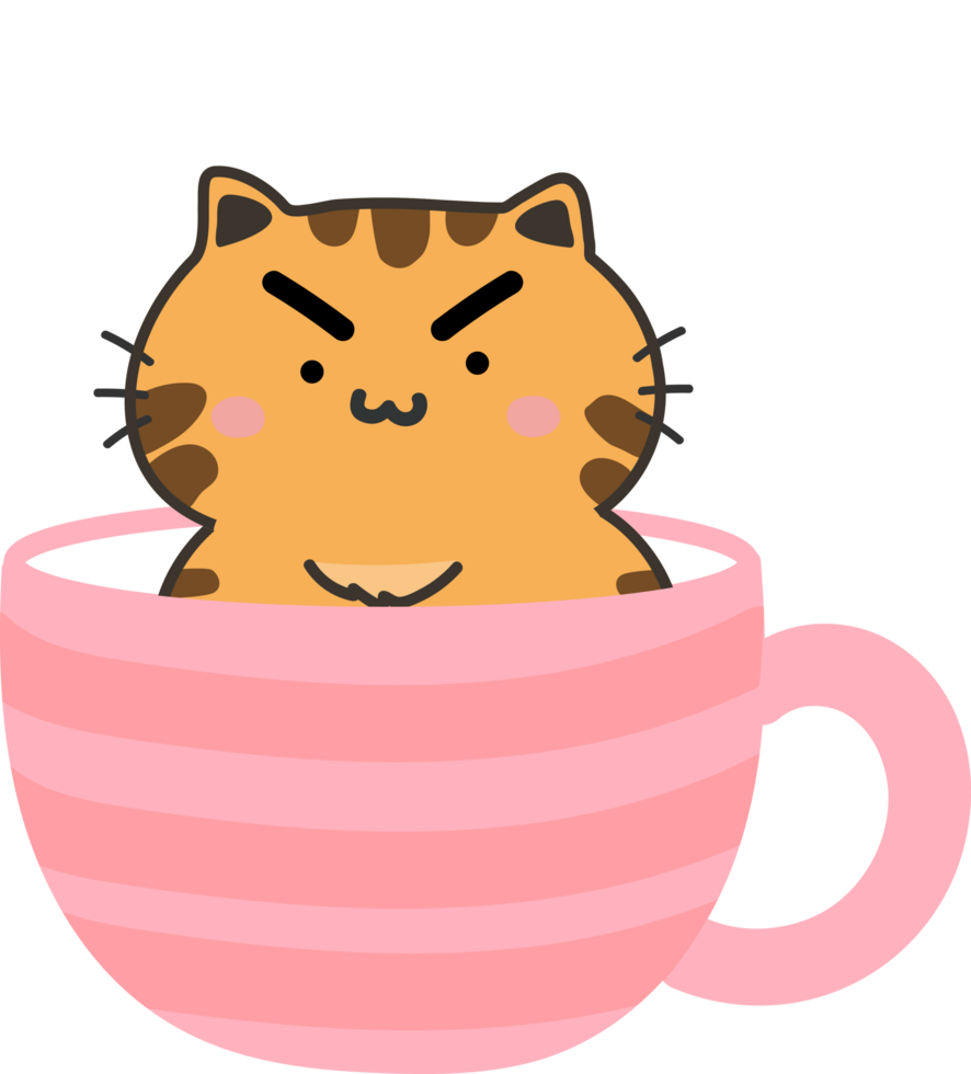 gato en taza de té personaje de dibujos animados crop-out png