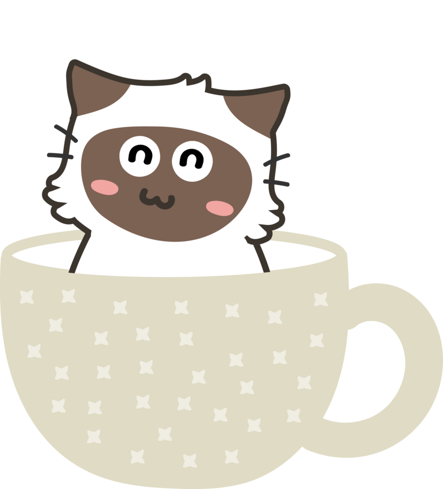 gato en taza de té personaje de dibujos animados crop-out png