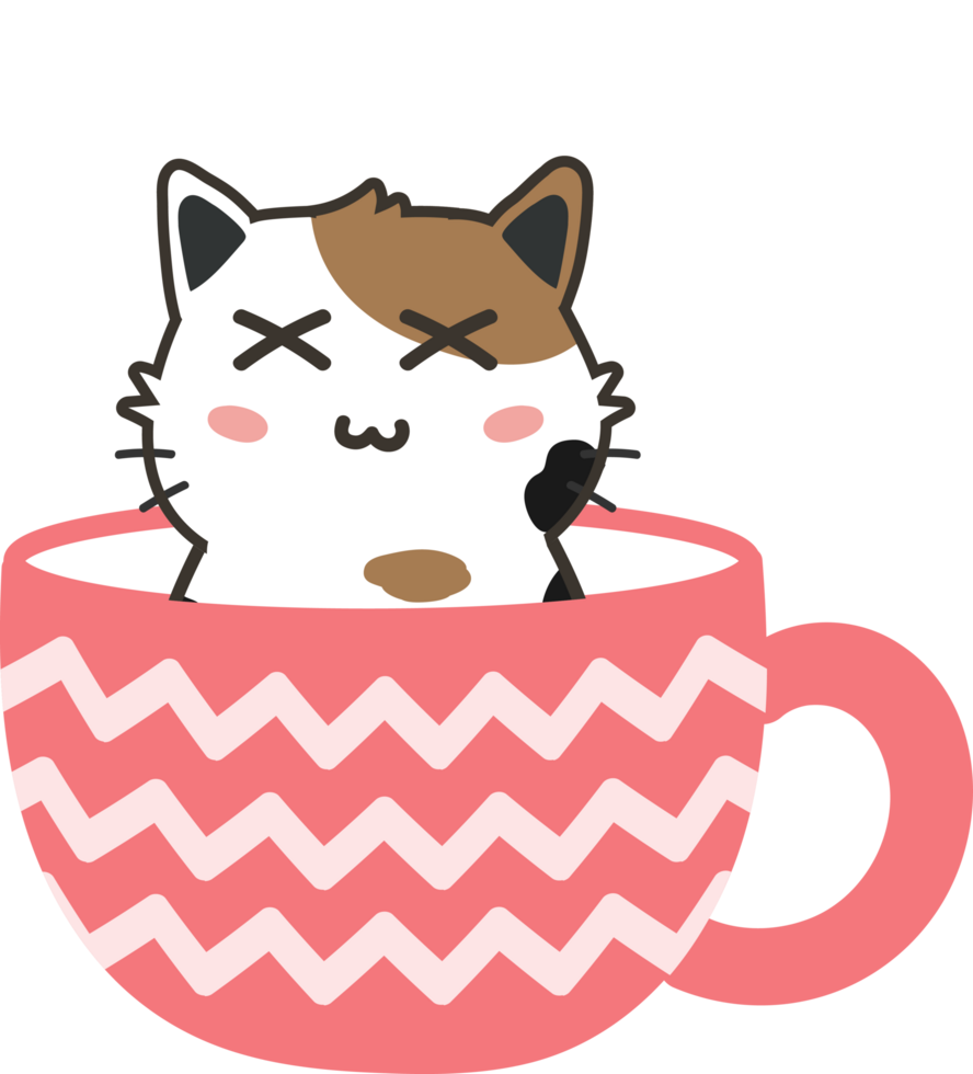 Cat on teacup cartoon character crop-out png