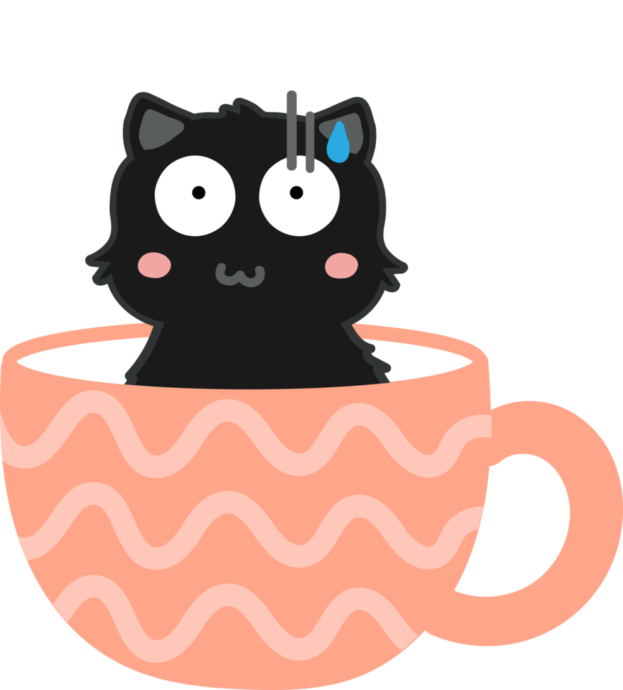 Cat on teacup cartoon character crop-out png
