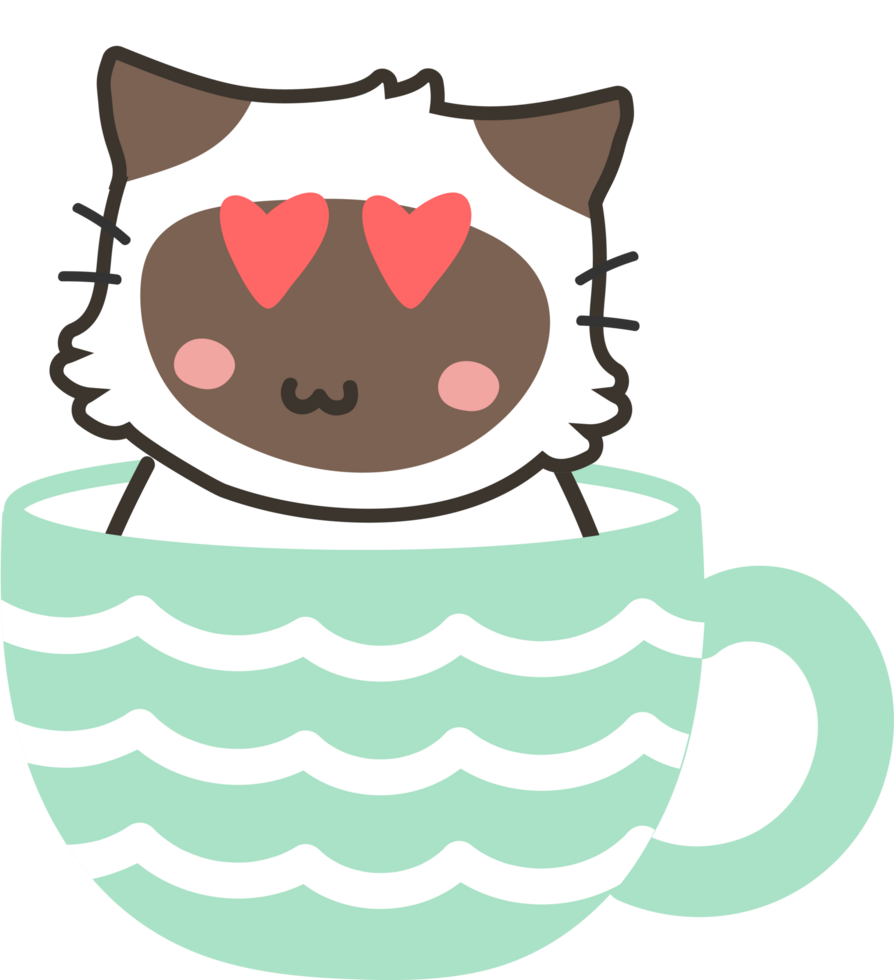 Cat on teacup cartoon character crop-out png