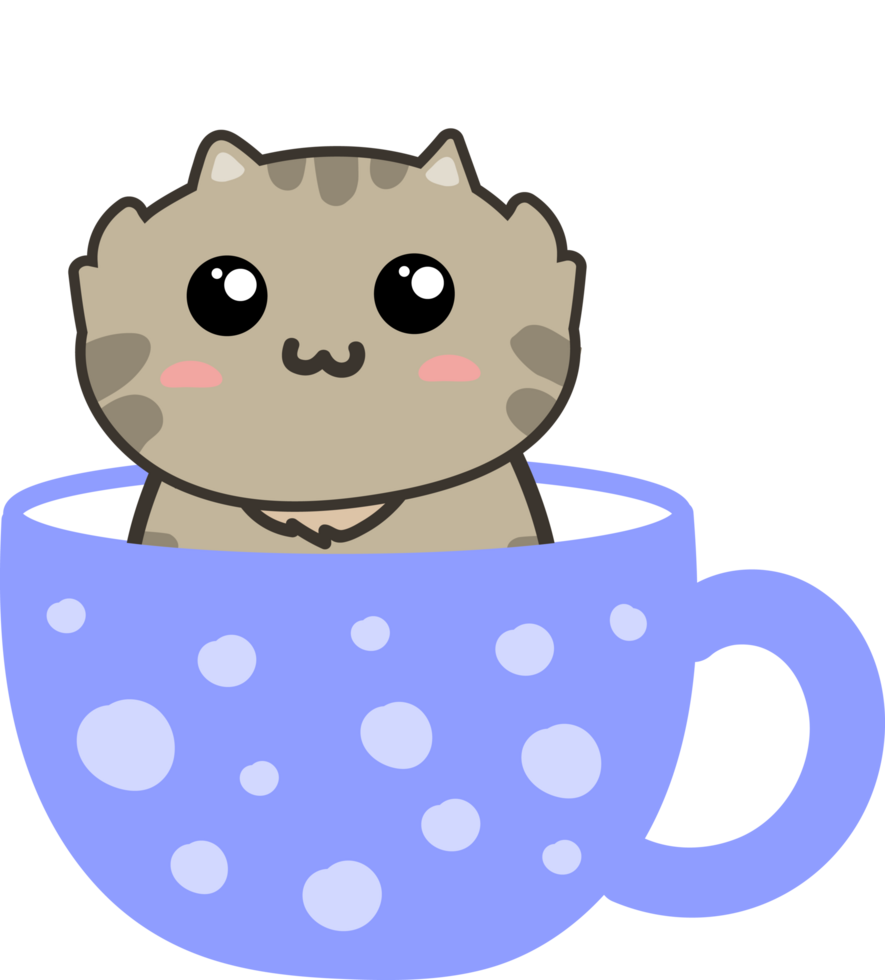 Cat on teacup cartoon character crop-out png
