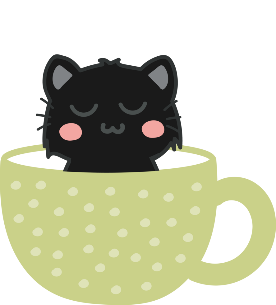 Cat on teacup cartoon character crop-out png