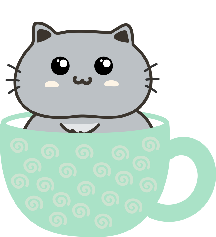 gato en taza de té personaje de dibujos animados crop-out png