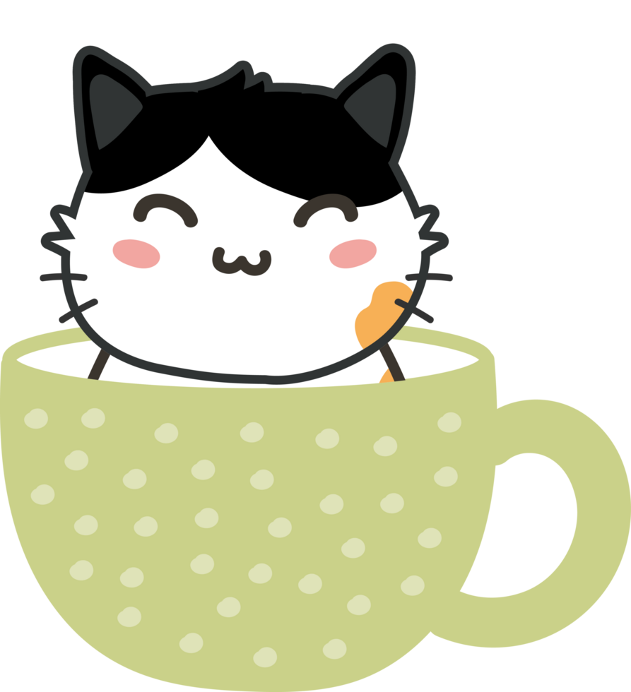 Cat on teacup cartoon character crop-out png