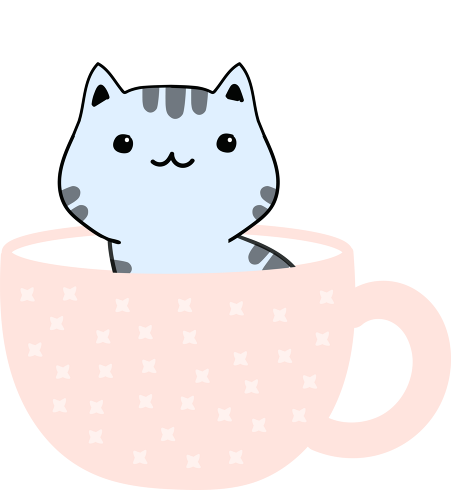 Cat on teacup cartoon character crop-out png