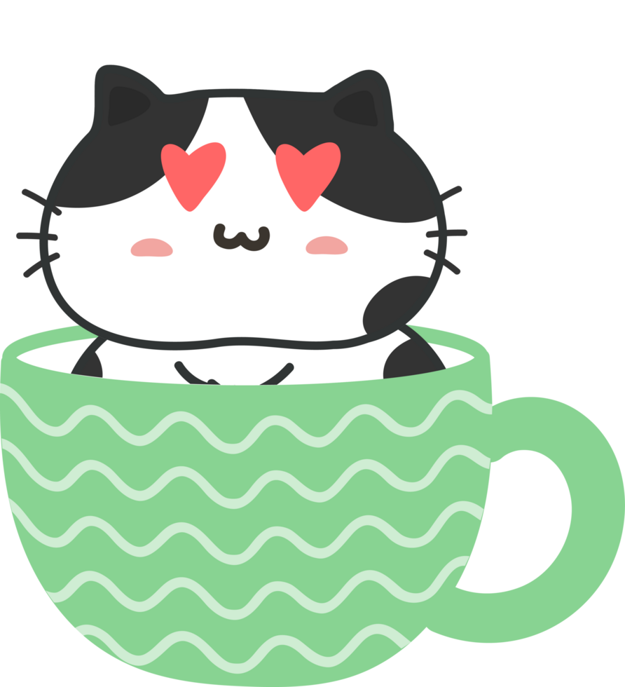 Cat on teacup cartoon character crop-out png