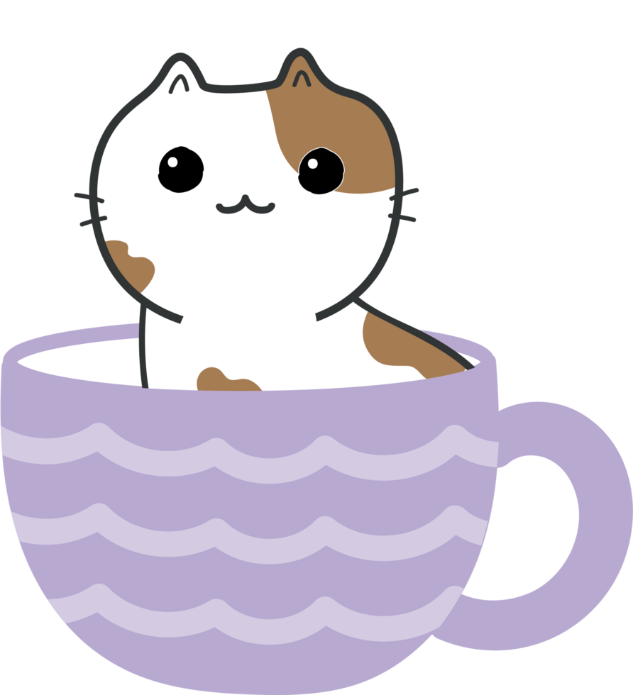 Cat on teacup cartoon character crop-out png