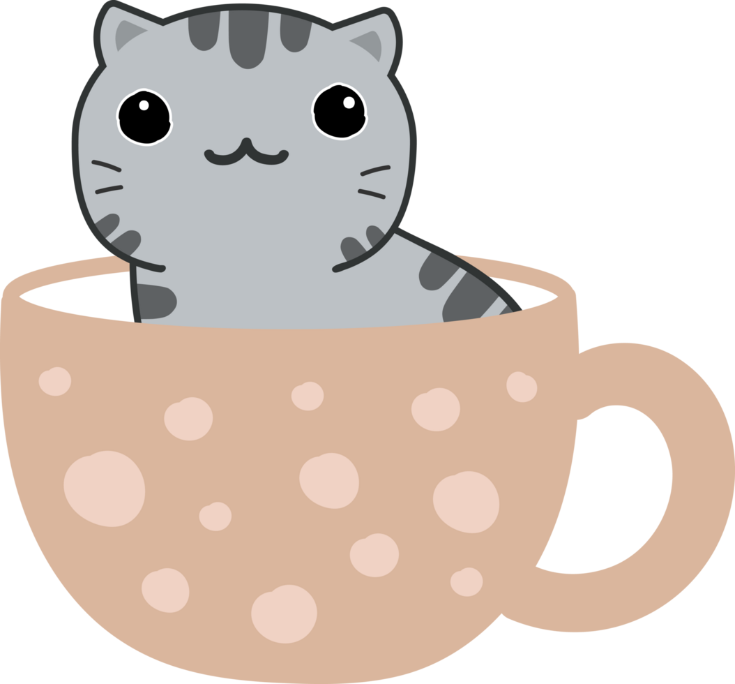 Cat on teacup cartoon character crop-out png