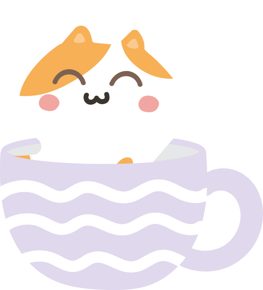 Cat on teacup cartoon character crop-out png