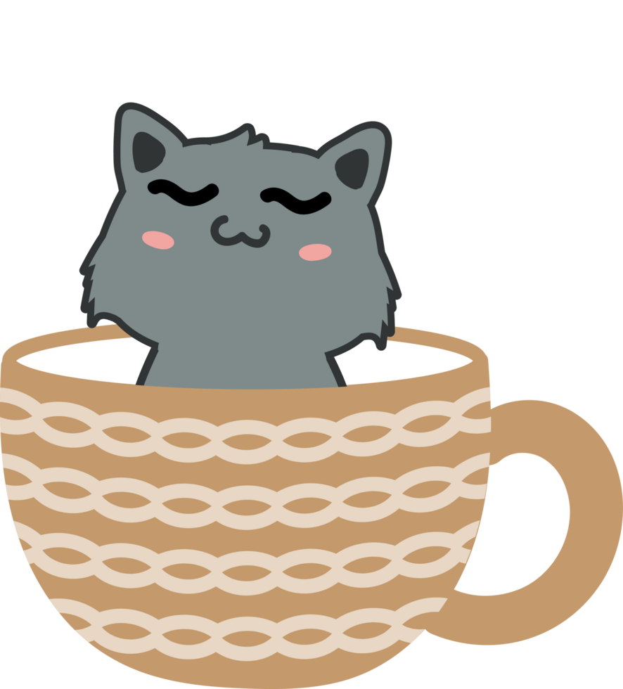 Cat on teacup cartoon character crop-out png