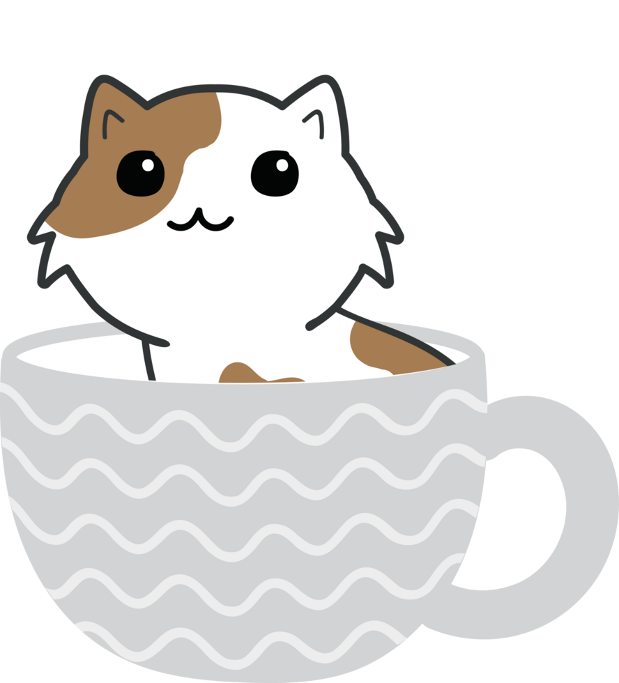 Cat on teacup cartoon character crop-out png