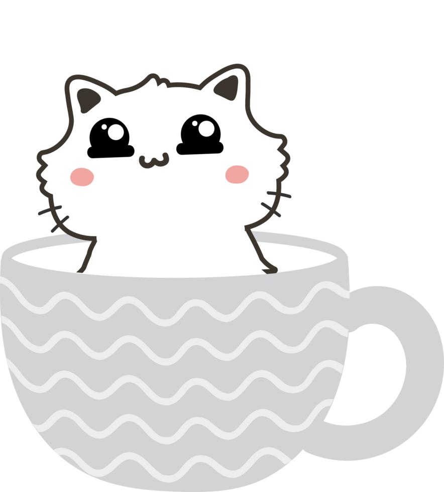 Cat on teacup cartoon character crop-out png