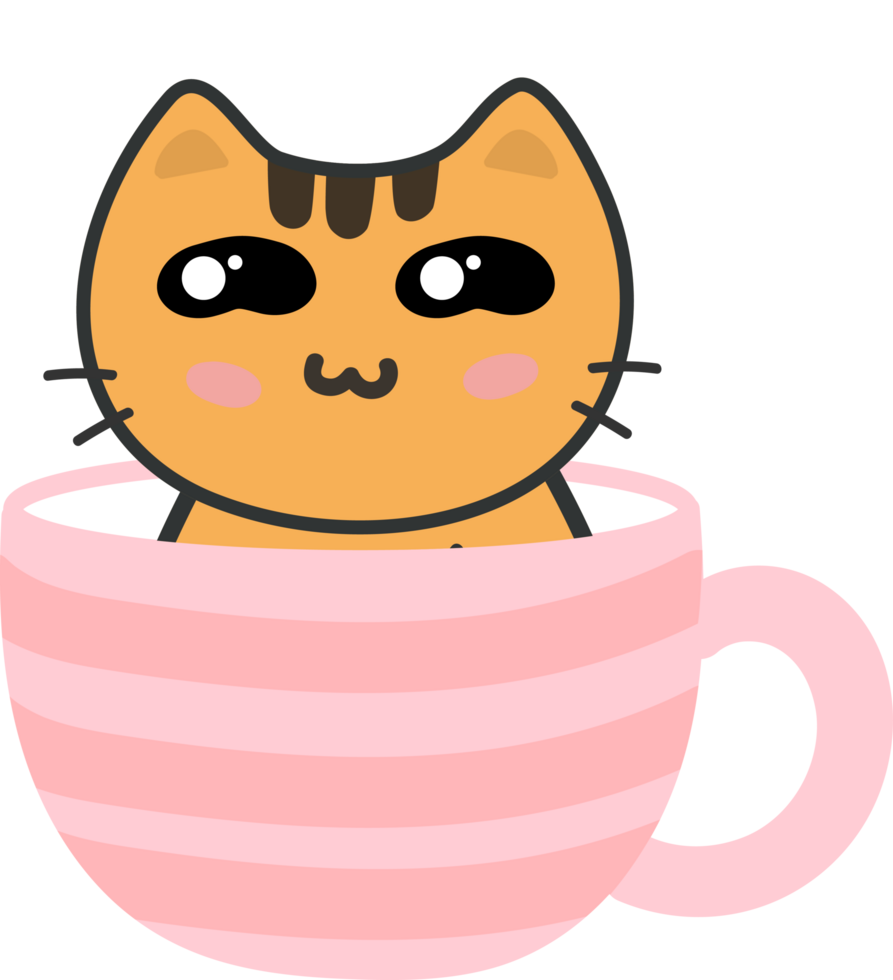 Cat on teacup cartoon character crop-out png