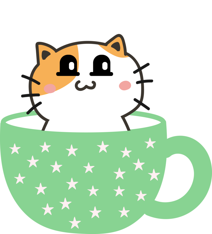 Cat on teacup cartoon character crop-out png