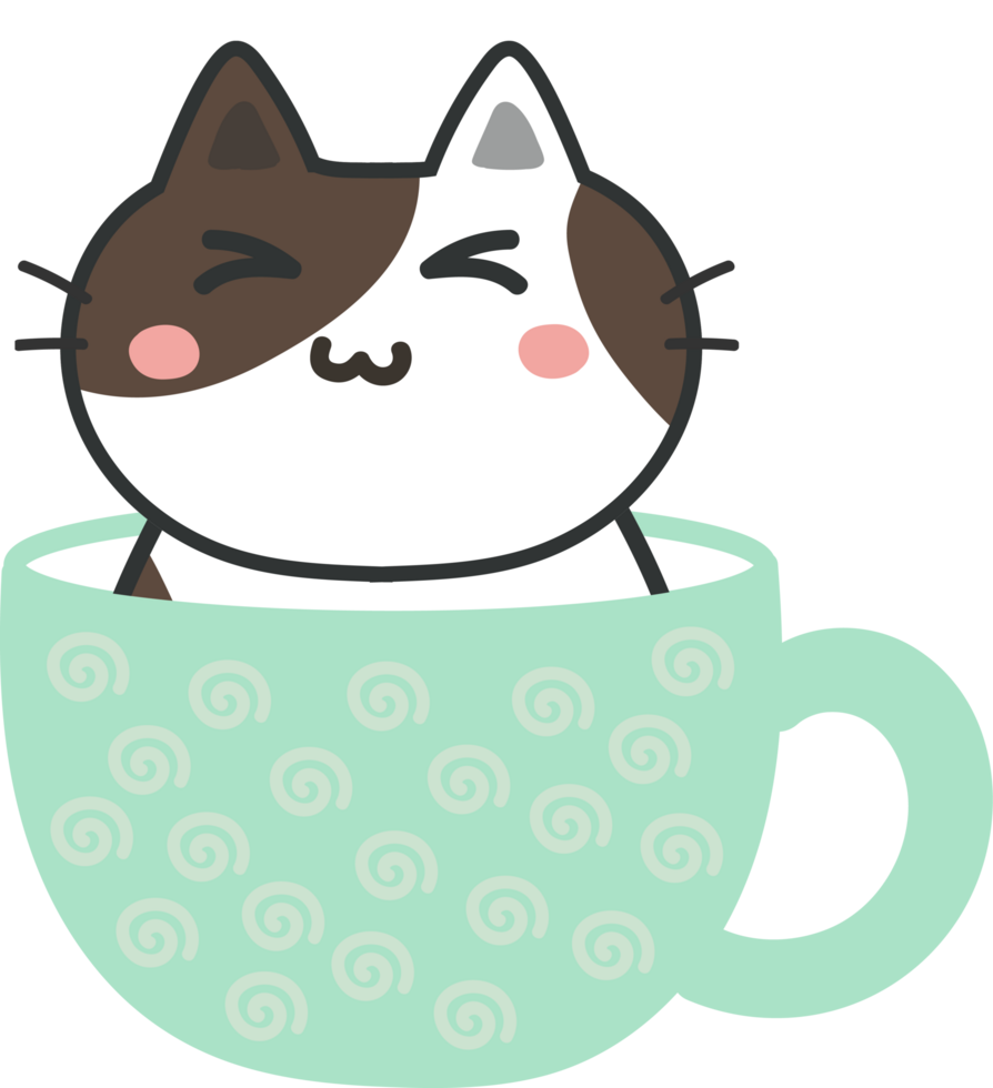 Cat on teacup cartoon character crop-out png
