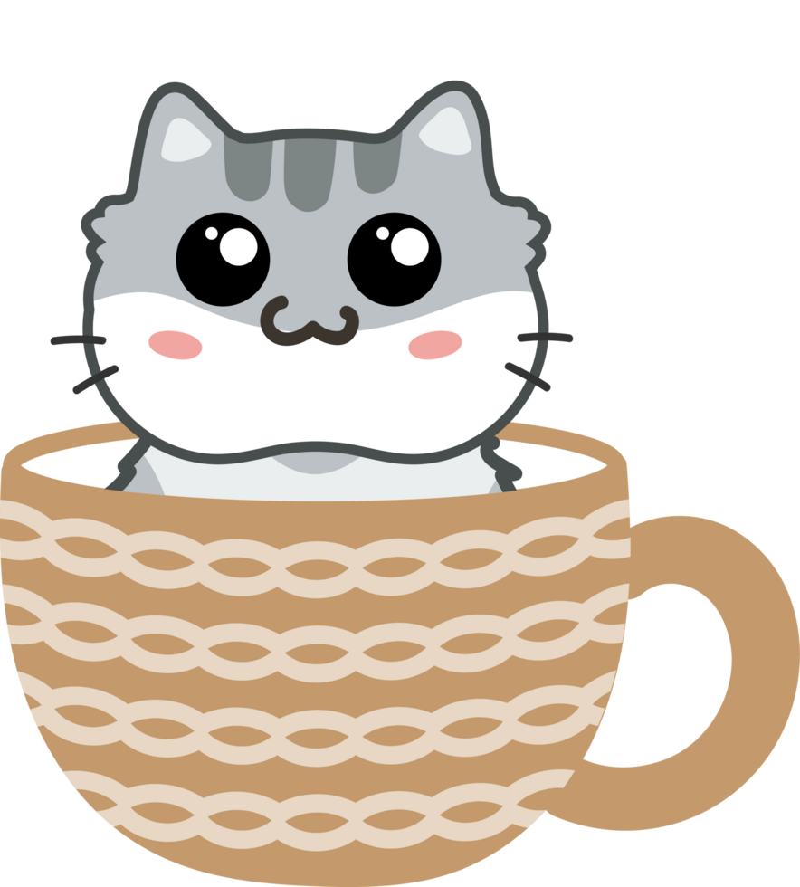 Cat on teacup cartoon character crop-out png