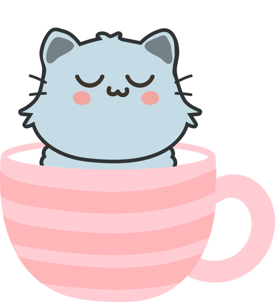 Cat on teacup cartoon character crop-out png