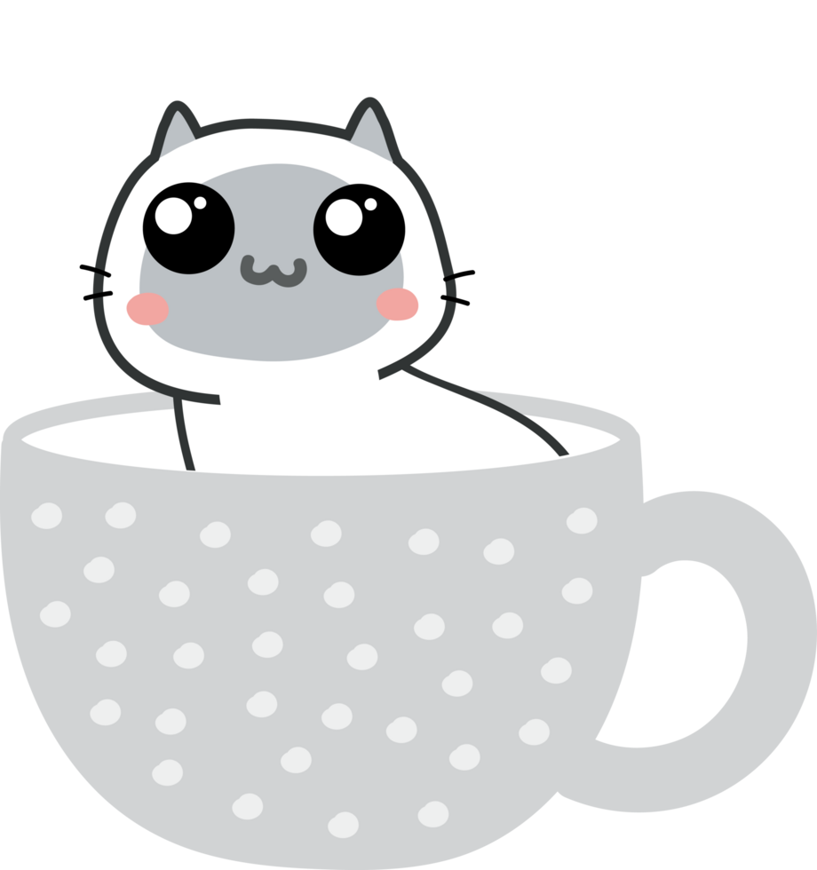 gato en taza de té personaje de dibujos animados crop-out png