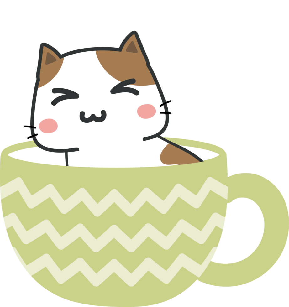 Cat on teacup cartoon character crop-out png