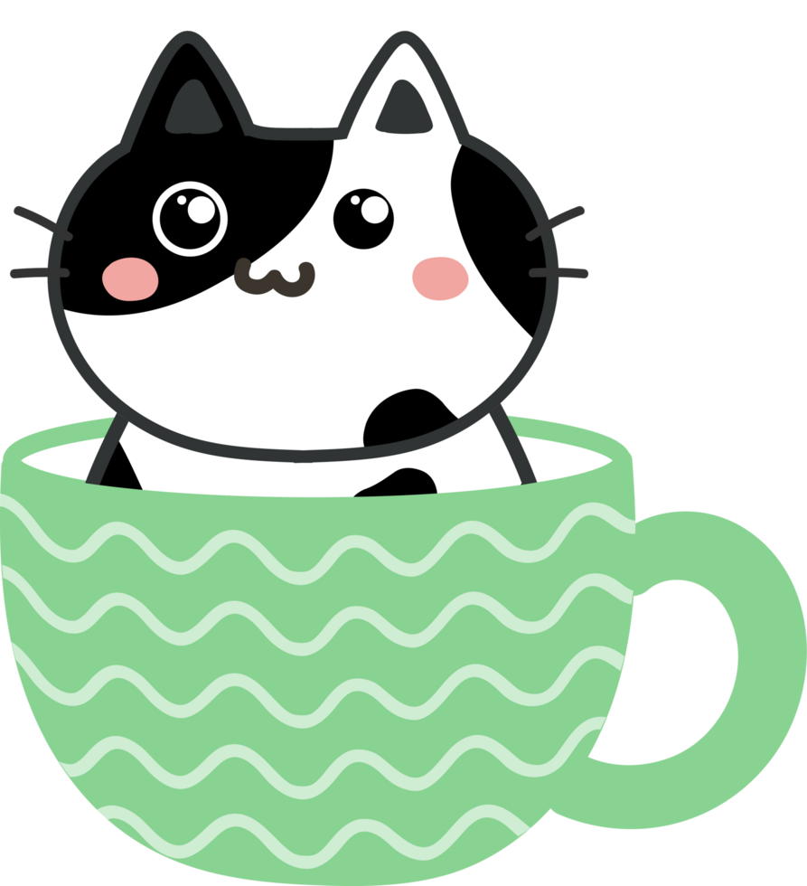 Cat on teacup cartoon character crop-out png