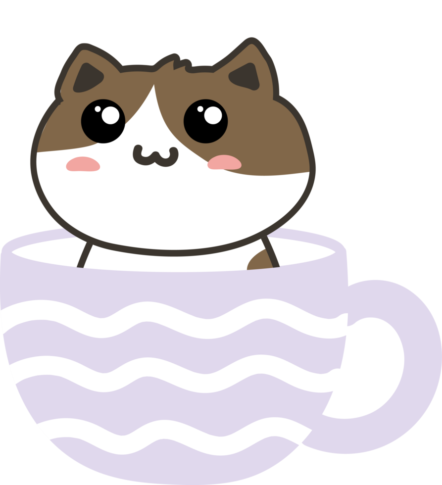 Cat on teacup cartoon character crop-out png