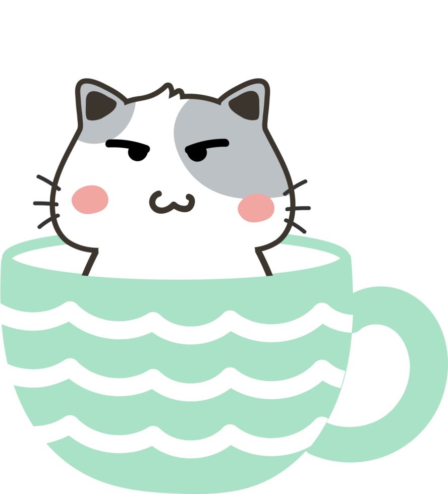 Cat on teacup cartoon character crop-out png