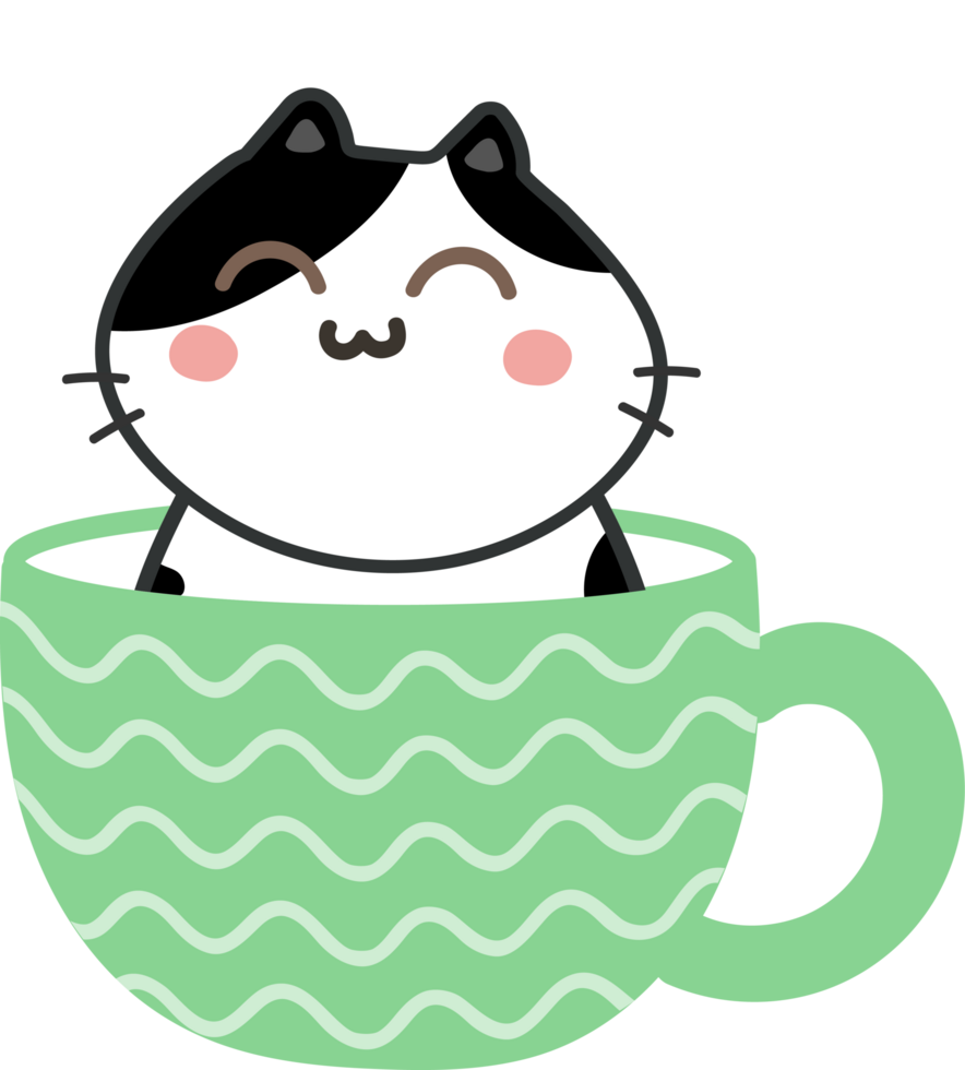 Cat on teacup cartoon character crop-out png