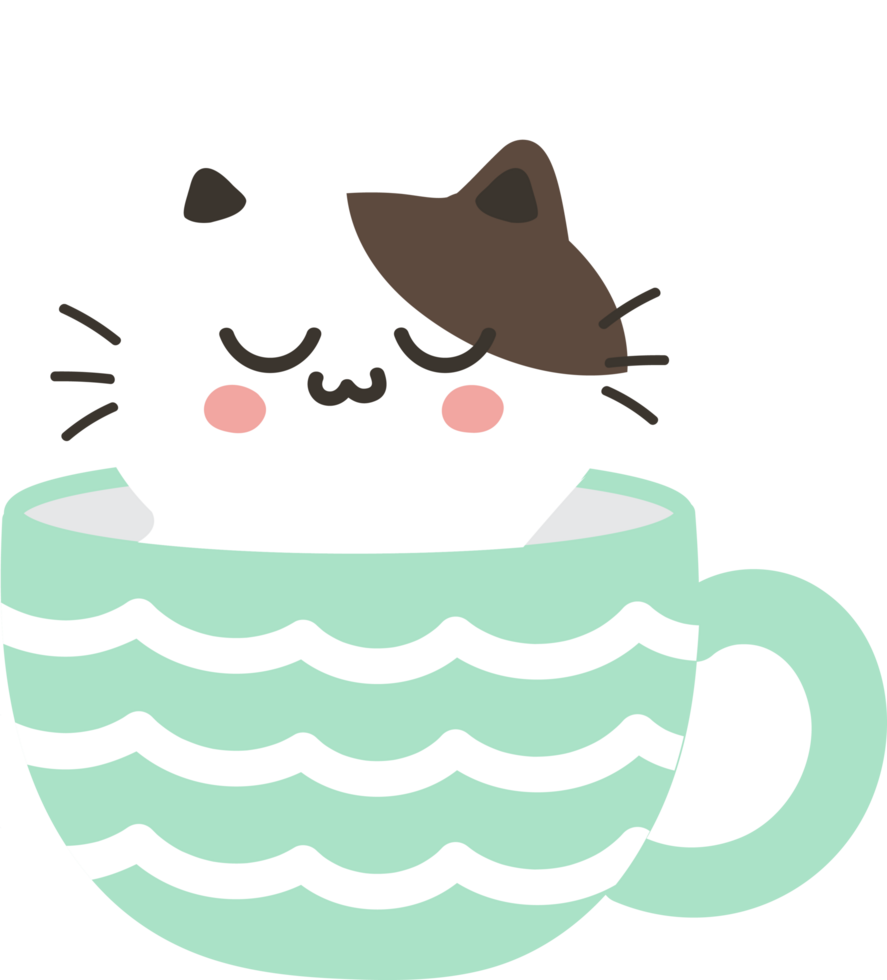 Cat on teacup cartoon character crop-out png