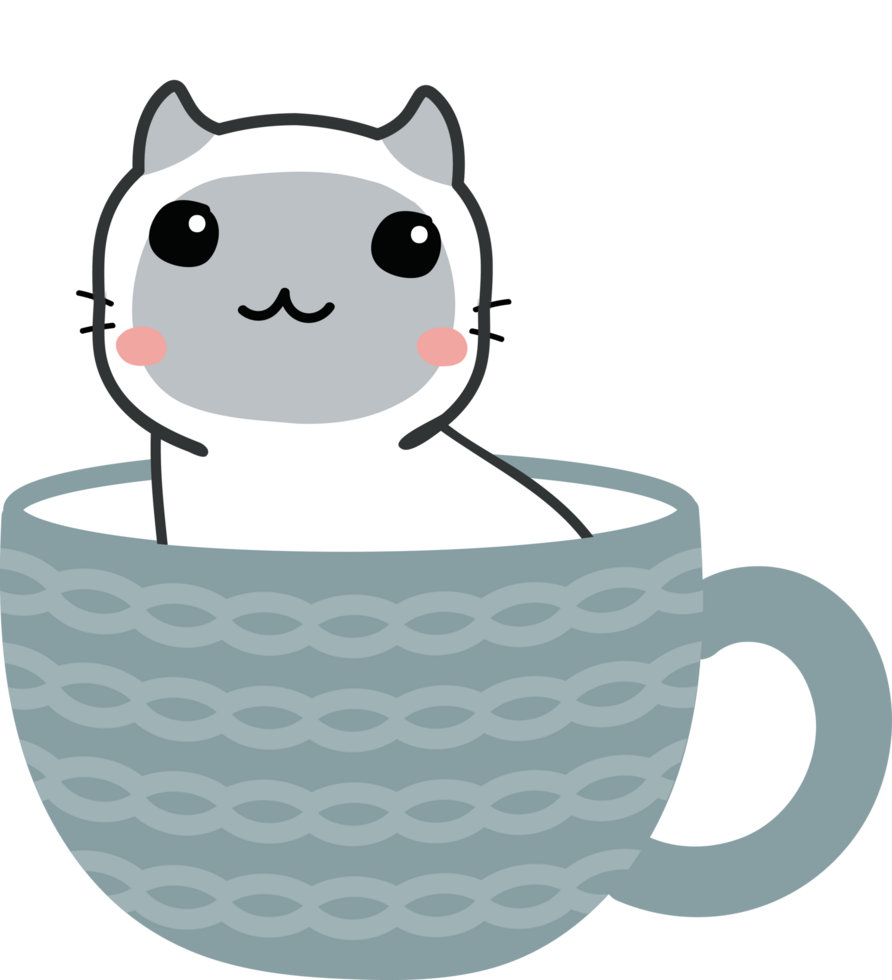 gato en taza de té personaje de dibujos animados crop-out png