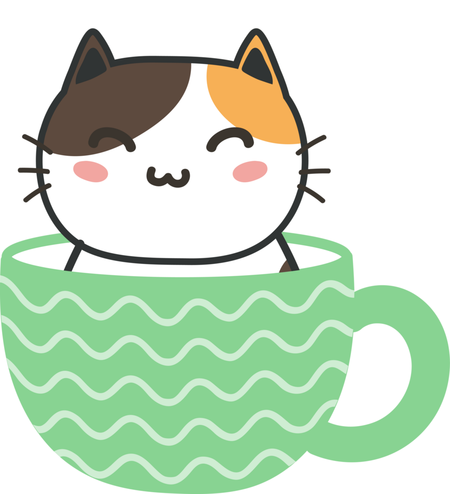 Cat on teacup cartoon character crop-out png