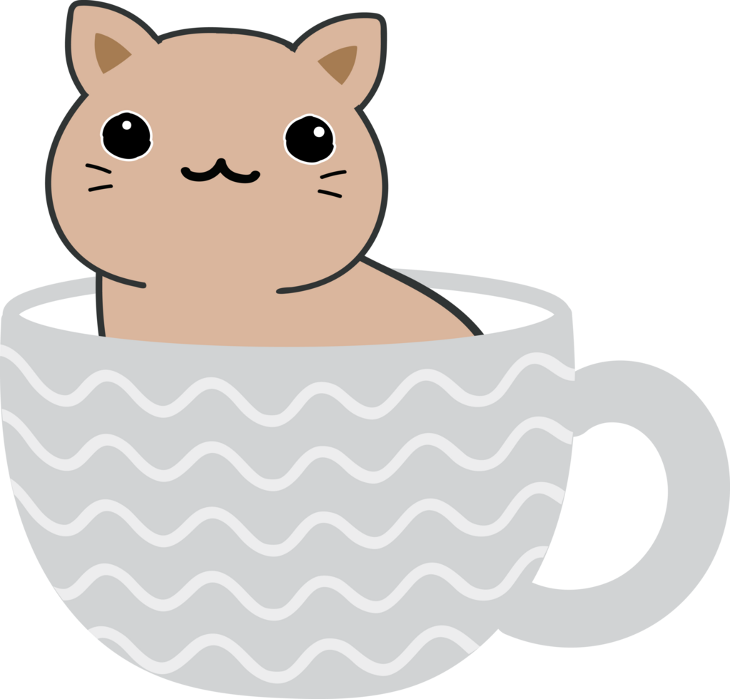 Cat on teacup cartoon character crop-out png