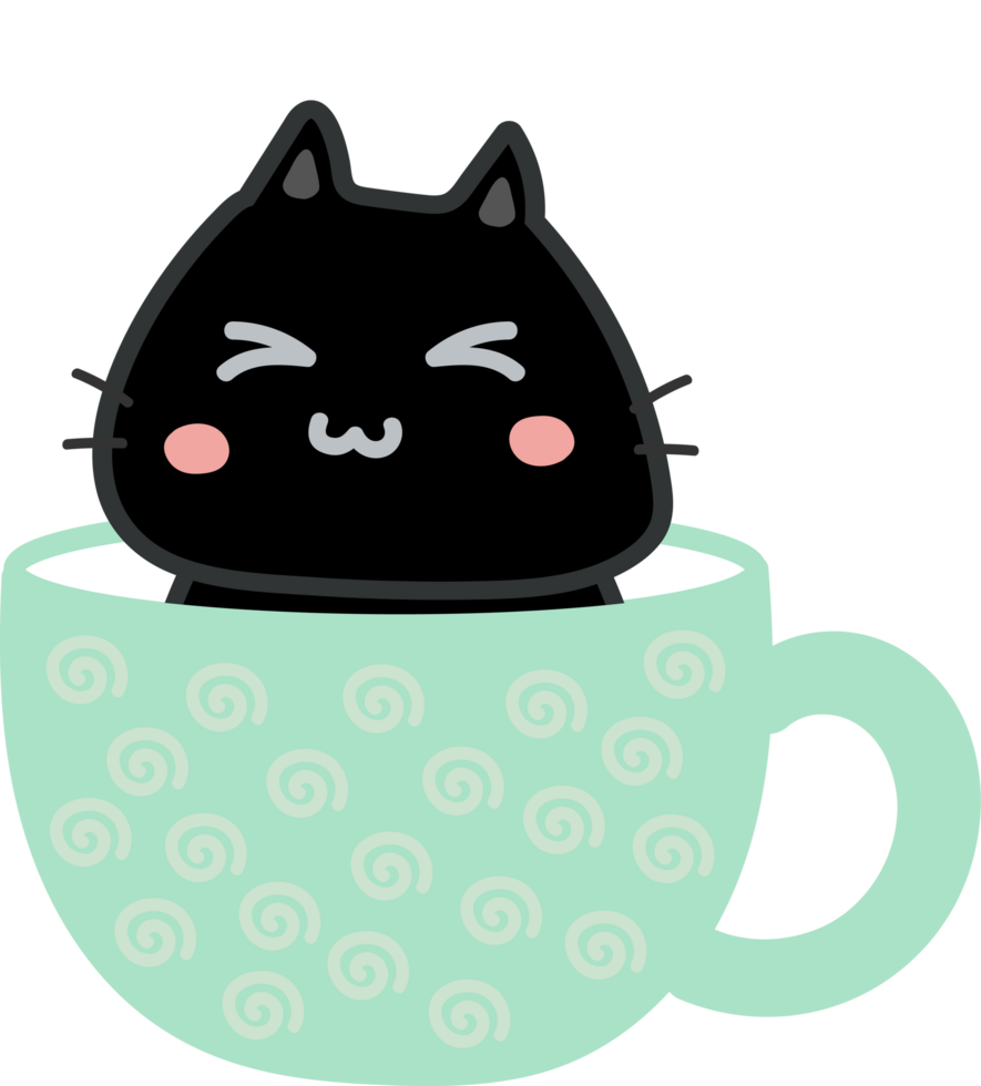 Cat on teacup cartoon character crop-out png
